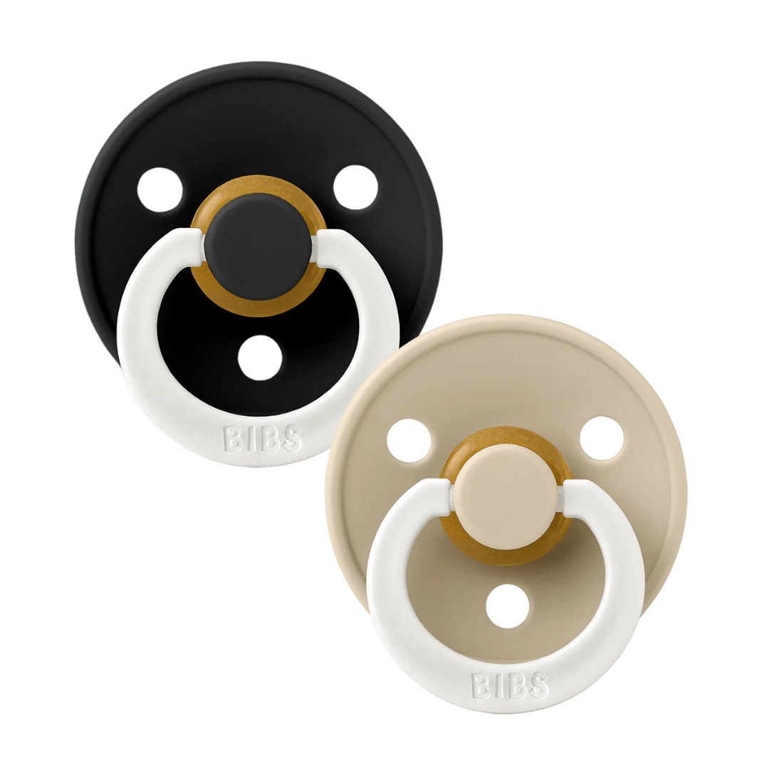 BIBS GLOW Original Natural Rubber Round Pacifier (2 Pack) | Black | Vanilla