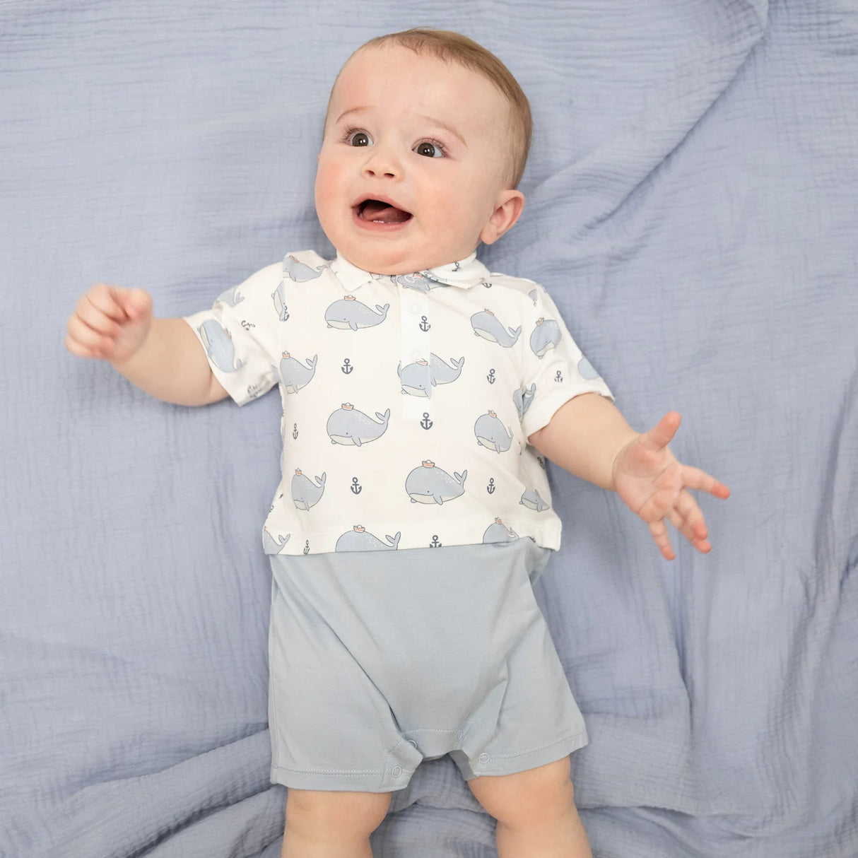 Angel Dear Bubbly Sailor Whales Blue Short Playsuit