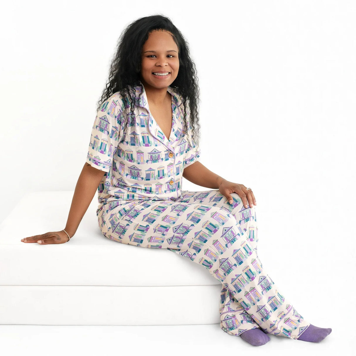 Pearls & Pelicans Bamboo Home Sweet Nola Purple Women's Short-Sleeve Shirt and Lounge Pants Set