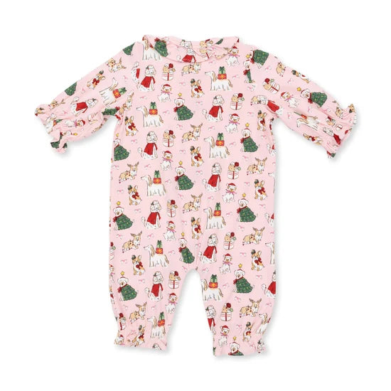 Angel Dear Christmas Dogs Pink L/S Ruffle Collar Romper