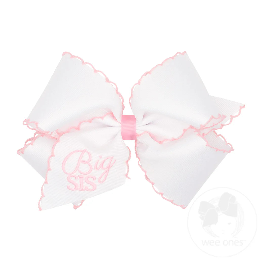 Wee Ones Big Sis Emboidered Hair Bow | King Pink Grosgrain Moonstitch