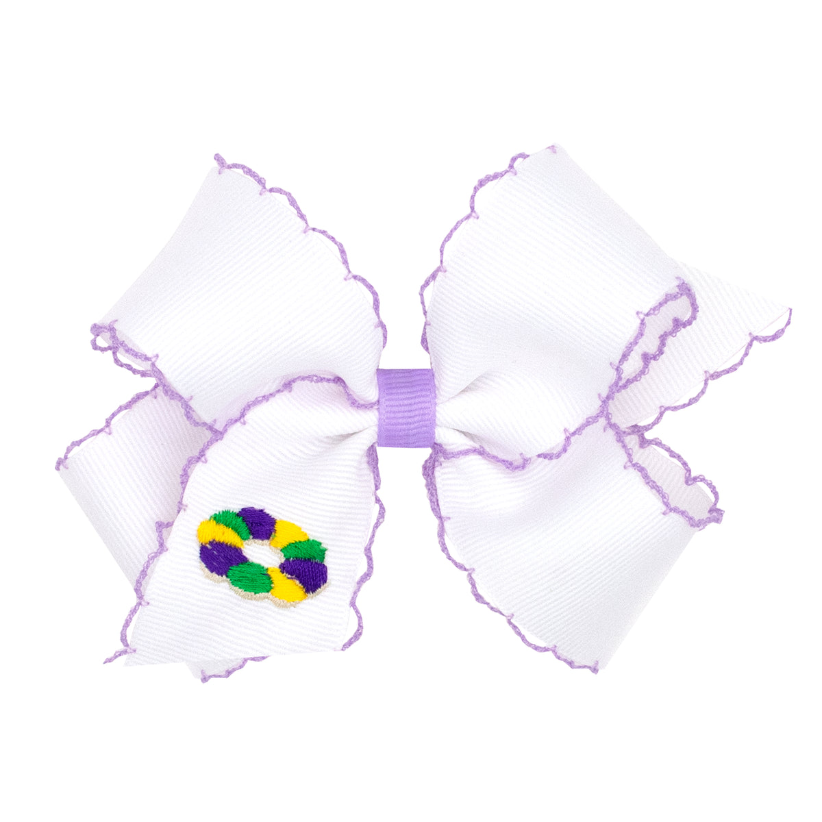 Wee Ones King Cake Embroidered Tail Medium Moonstitch Bow | White