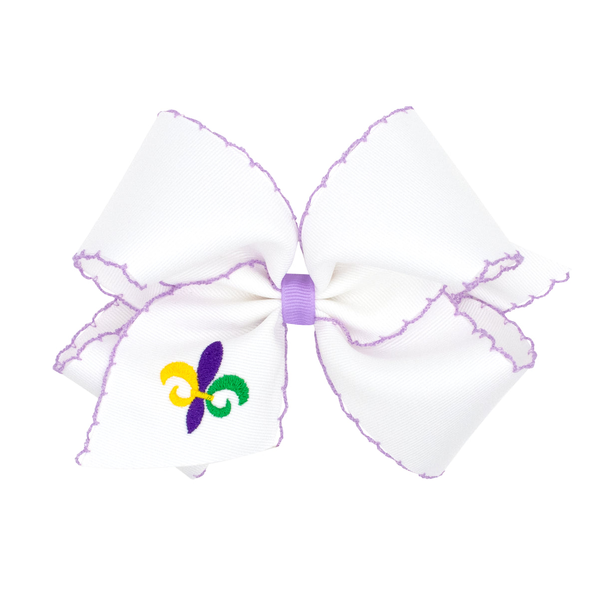Mardi Gras Fleur de Lis Embroidered Tail King Moonstitch Bow | White