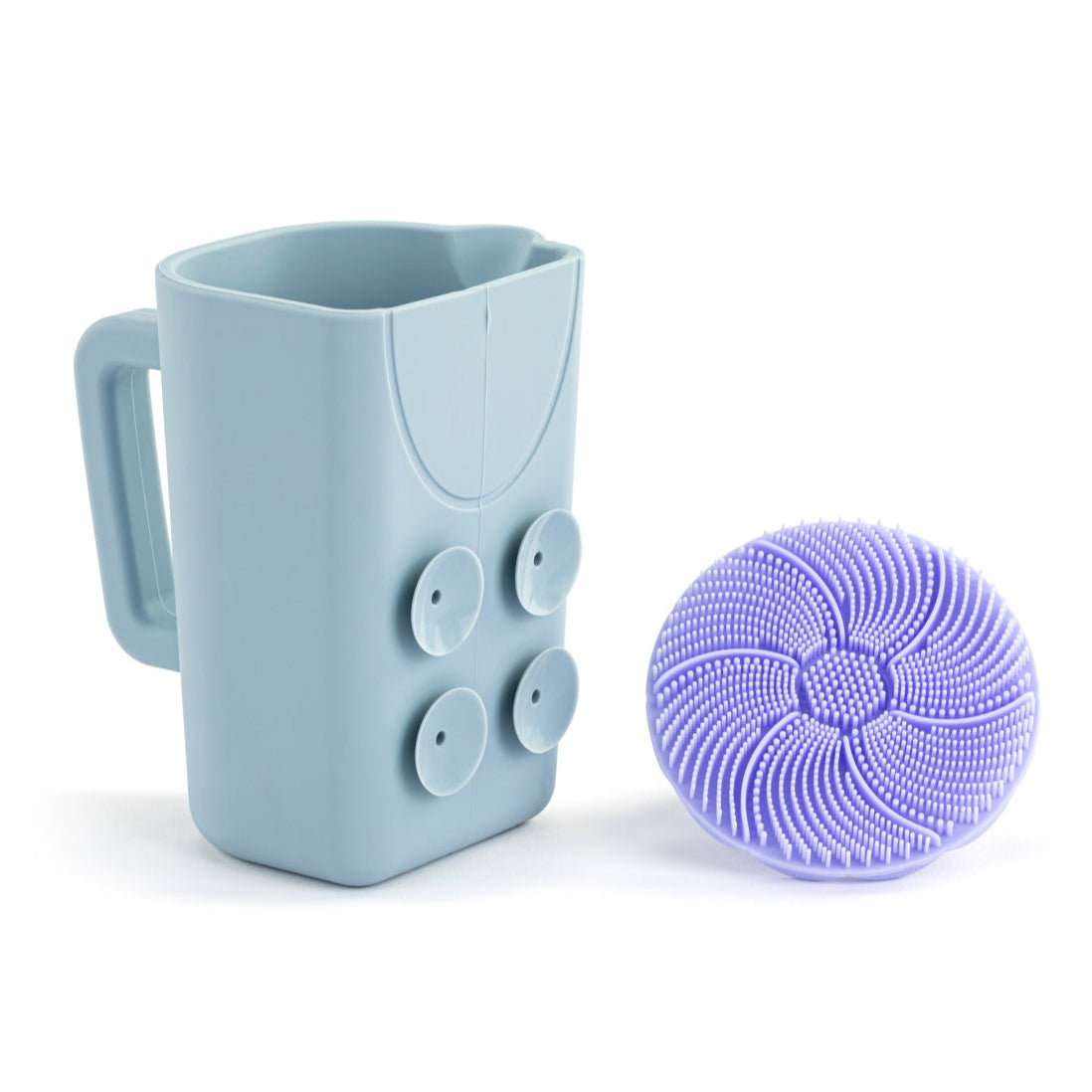 Demdaco Purple Silicone Bathtime Brush + Blue Cup Set