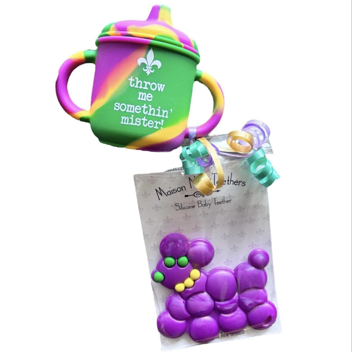 Throw Me Something Mardi Gras Baby Bundle | Sippy Cup and Bead Dog Teether