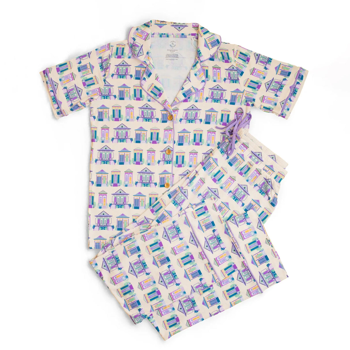 Pearls & Pelicans Bamboo Home Sweet Nola Purple Women's Short-Sleeve Shirt and Lounge Pants Set