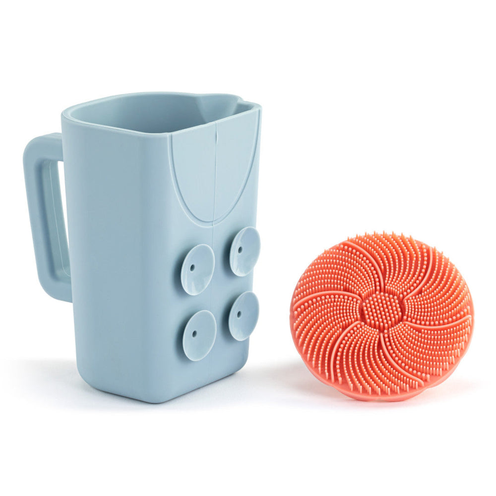 Demdaco Pink Silicone Bathtime Brush + Blue Cup Set