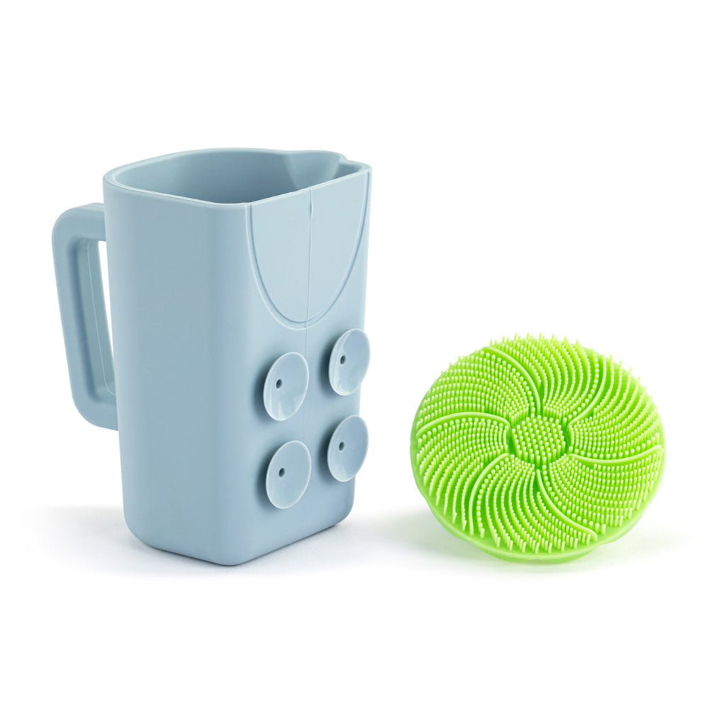 Demdaco Green Silicone Bathtime Brush + Blue Cup Set