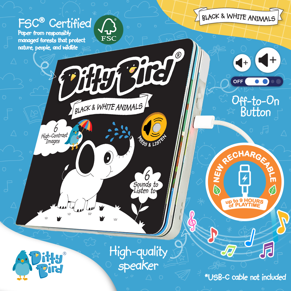 Black & White Animals Ditty Bird Musical Board Book | USB-C Rechargeable
