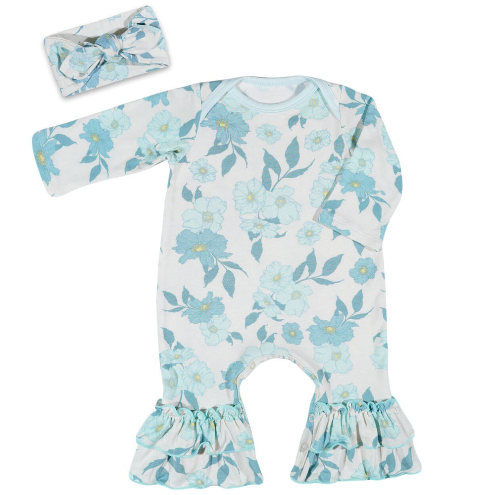 Everly Grey Periwinkle Ruffle Romper with Headband Set