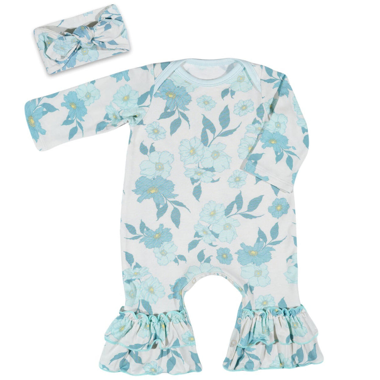 Everly Grey Periwinkle Ruffle Romper with Headband Set