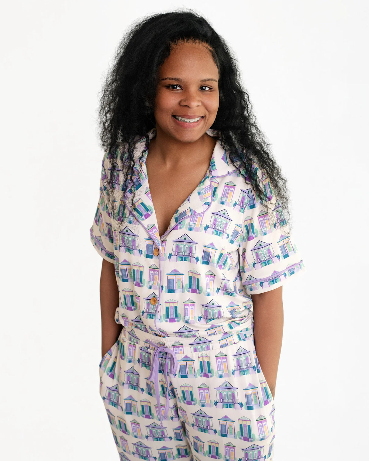 Pearls & Pelicans Bamboo Home Sweet Nola Purple Women's Short-Sleeve Shirt and Lounge Pants Set