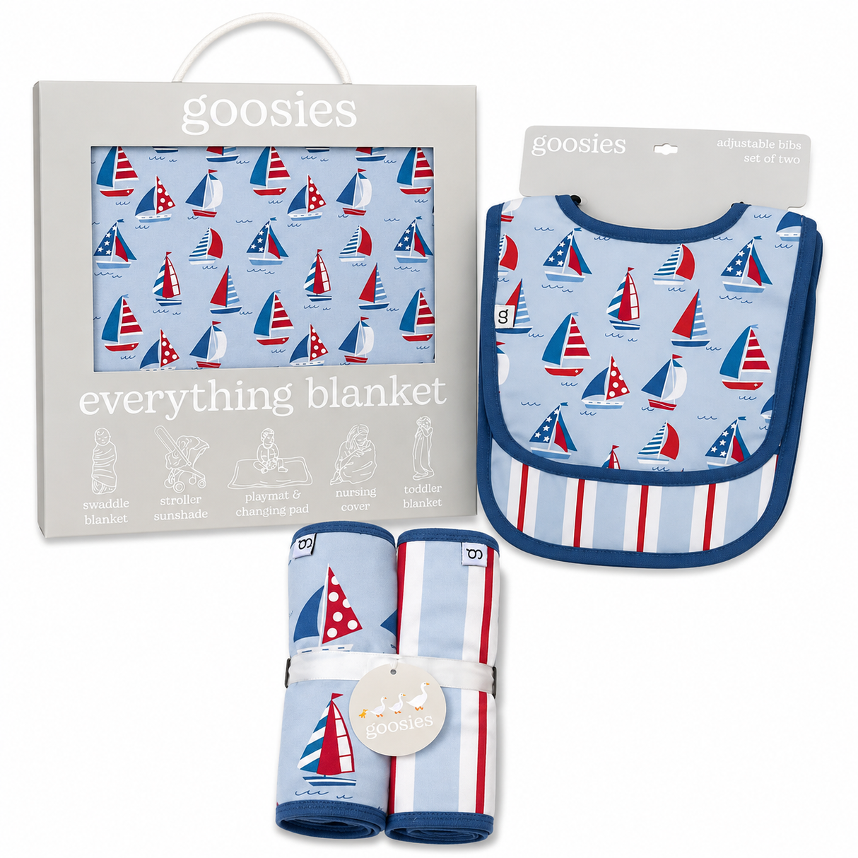 Goosies Sail Away Bamboo Baby Gift Bundle | Burp Cloth Set | Adustable Bib Set | Everything Blanket