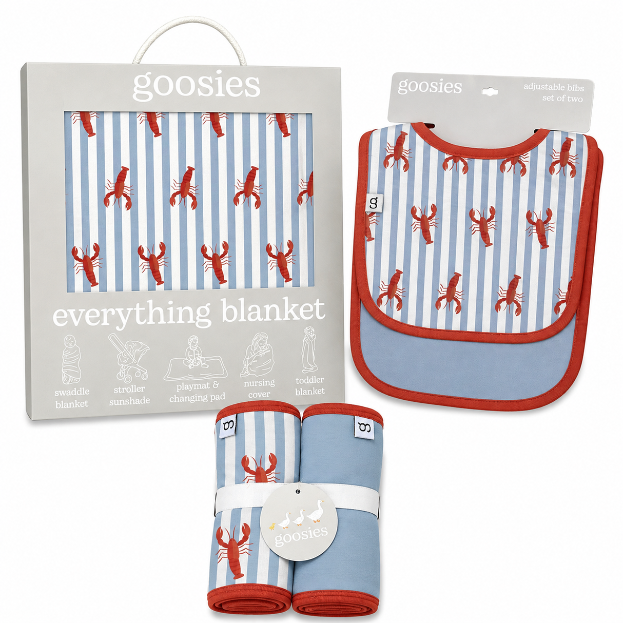 Goosies Little Pinchers Bamboo Baby Gift Bundle | Burp Cloth Set | Adustable Bib Set | Everything Blanket