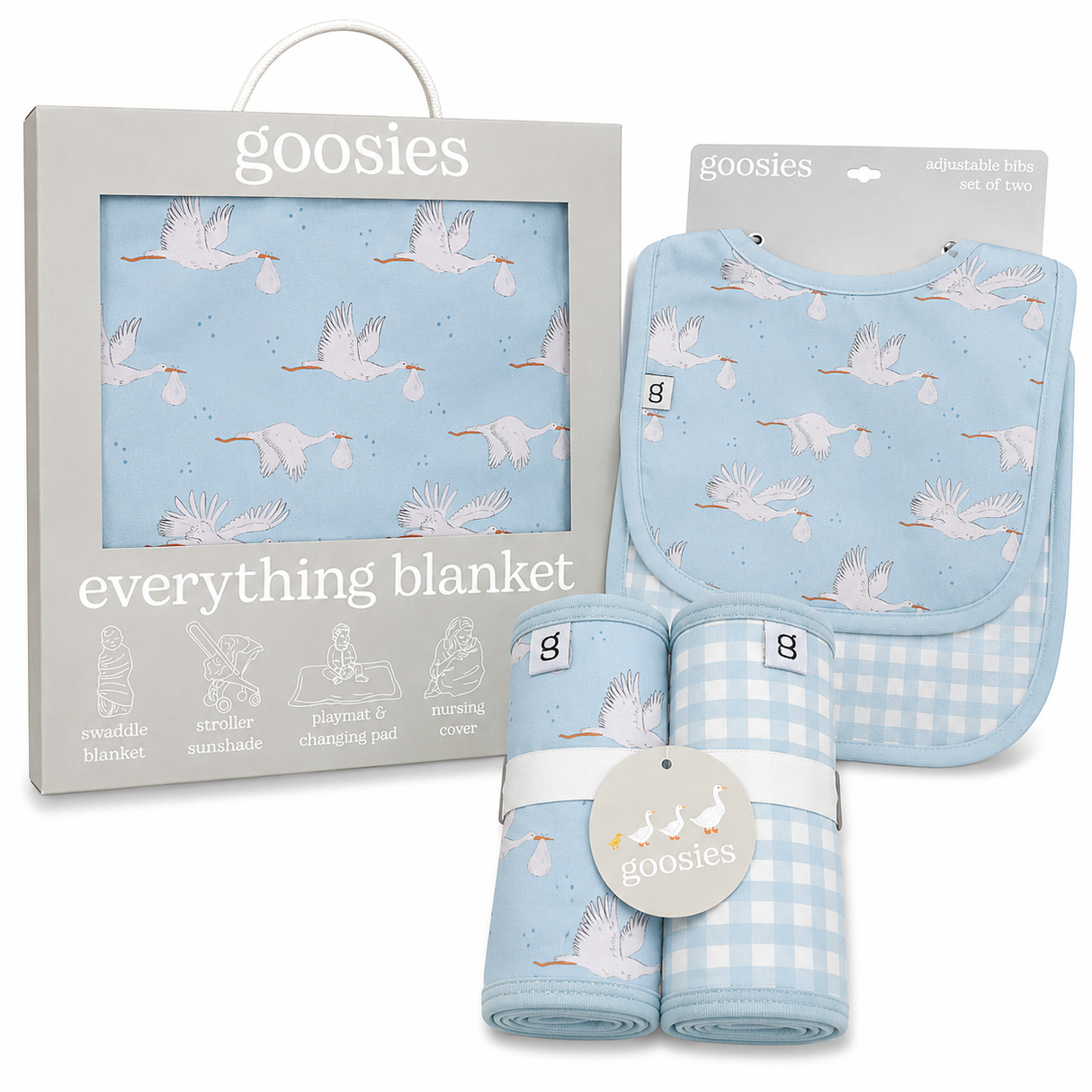 Goosies Blue Stork Gingham Bamboo Baby Gift Bundle | Burp Cloth Set | Adustable Bib Set | Stork Boy Everything Blankett