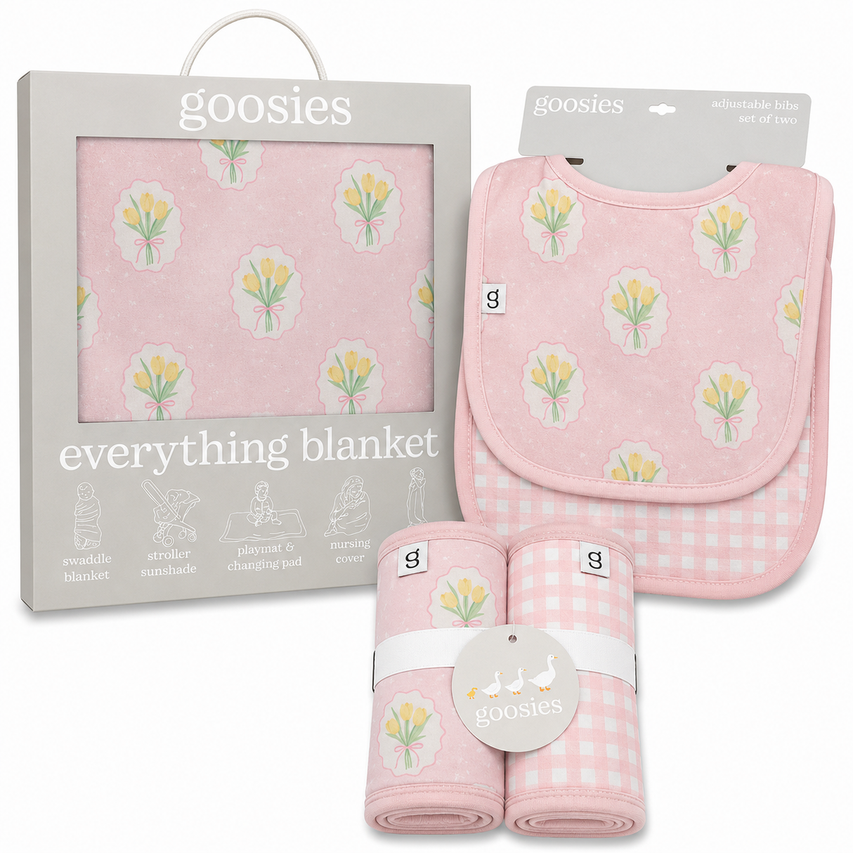 Goosies Fancy Tulips Bamboo Baby Gift Bundle | Burp Cloth Set | Adustable Bib Set | Everything Blanket