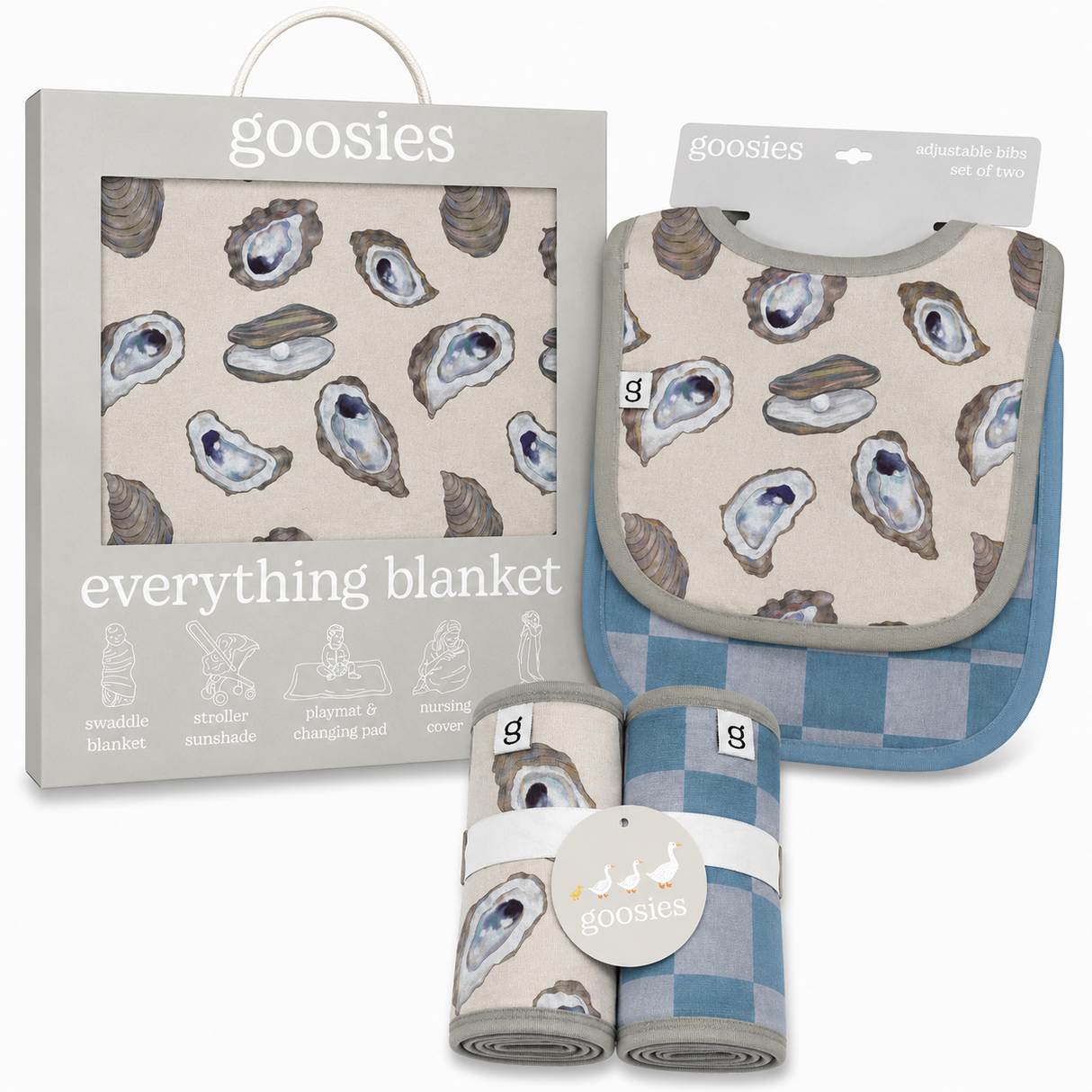 Goosies Oysters Bamboo Baby Bundle | Burp Cloth Set | Adustable Bib Set | Everything Blanket