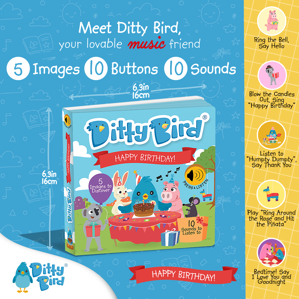 Happy Birthday Ditty Bird Musical Board Book | USB-C Rechargeable