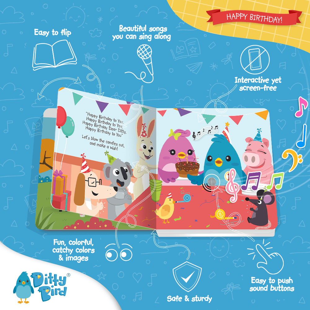 Happy Birthday Ditty Bird Musical Board Book | USB-C Rechargeable