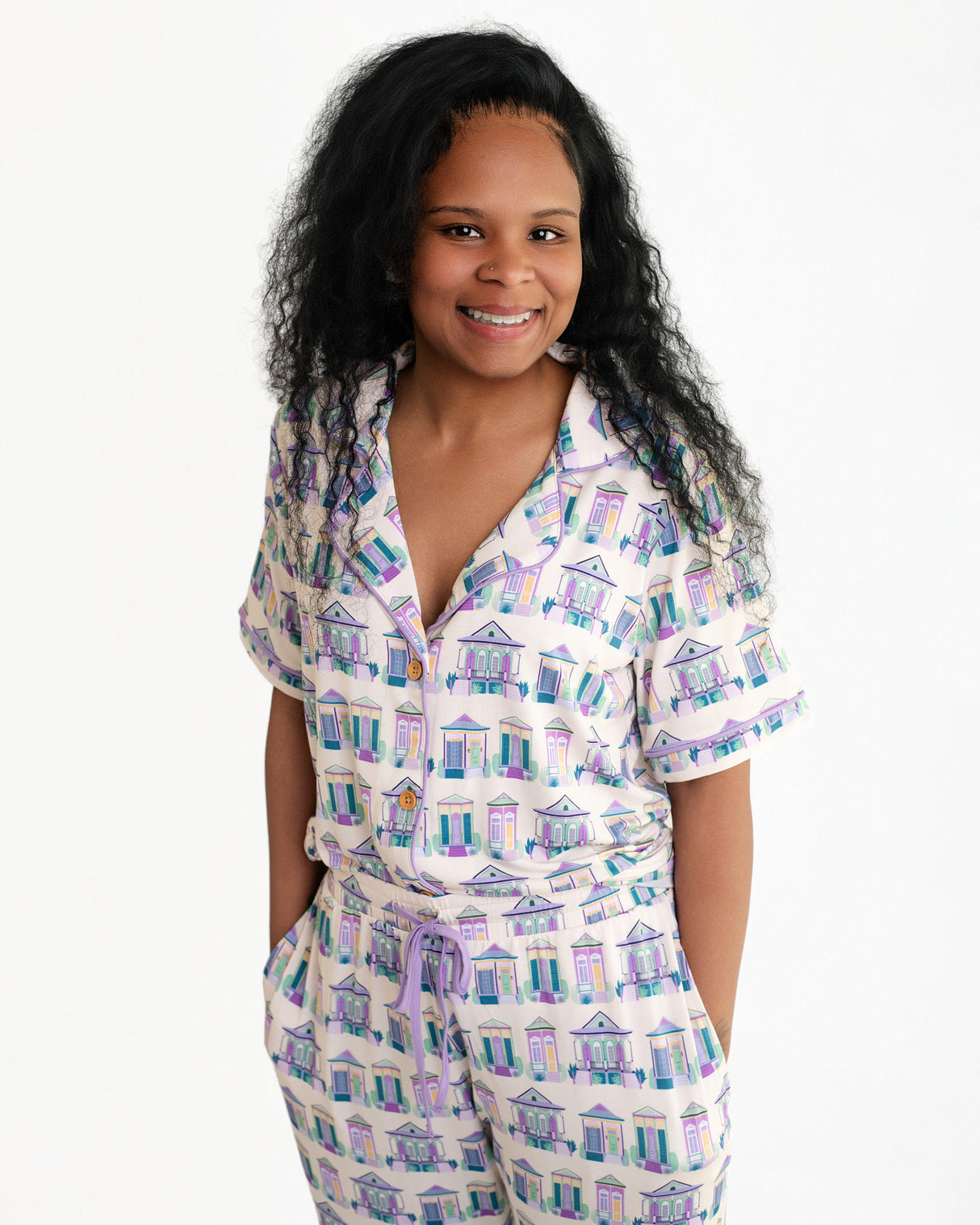 Pearls & Pelicans Bamboo Home Sweet Nola Purple Women's Short-Sleeve Shirt and Lounge Pants Set