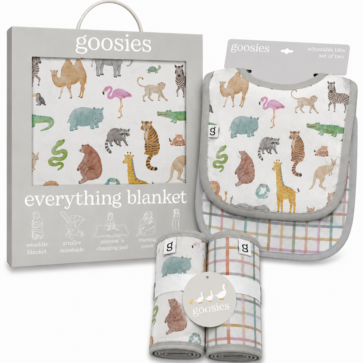 Goosies Zoo Crew Bamboo Baby Gift Bundle | Burp Cloth Set | Adjustable Bib Set | Everything Blanket