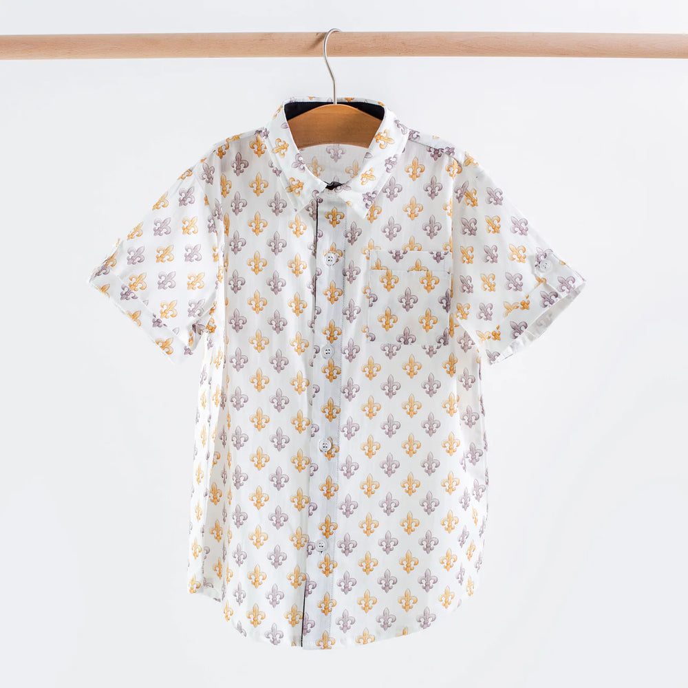 Nola Tawk Black and Gold Fleur de Lis Short Sleeve Collared Shirt
