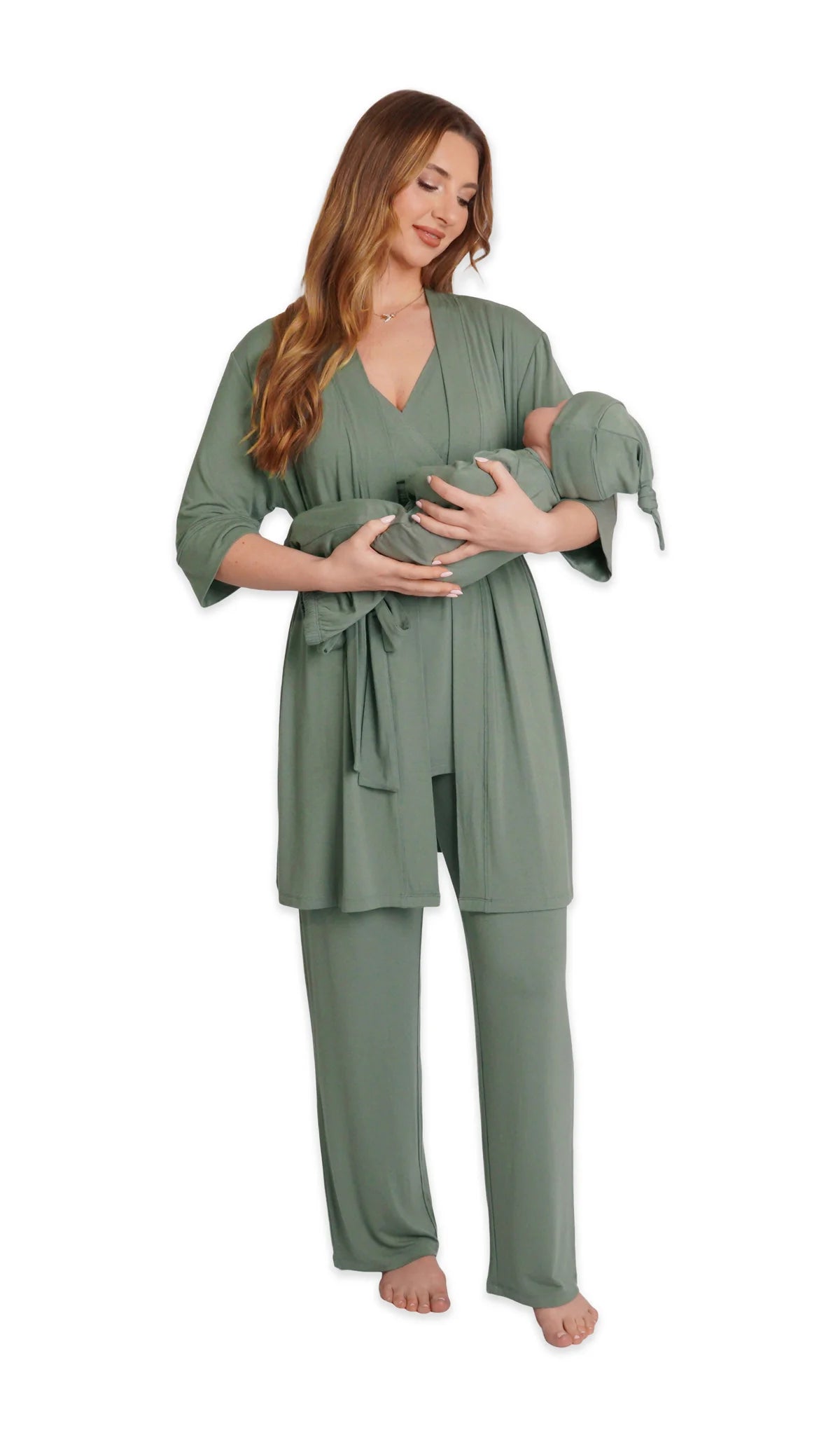 Everly Grey Basil Anelise 5-Piece Mom and Baby Matching Gift Set | Adult Pajama Set Newborn Gown and Hat Set