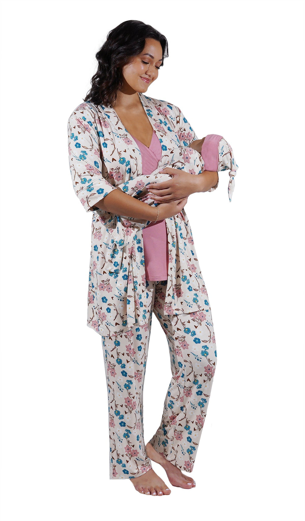 Magnolia Anelise 5-Piece Mom and Baby Matching Gift Set | Adult Pajama Set Newborn Gown and Hat Set
