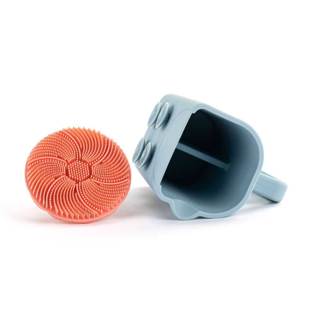 Demdaco Pink Silicone Bathtime Brush + Blue Cup Set