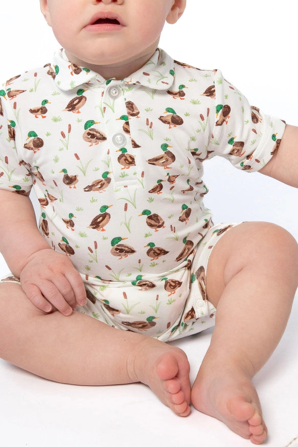 Goosies Mallard Drake Bamboo Short Sleeve Polo Romper