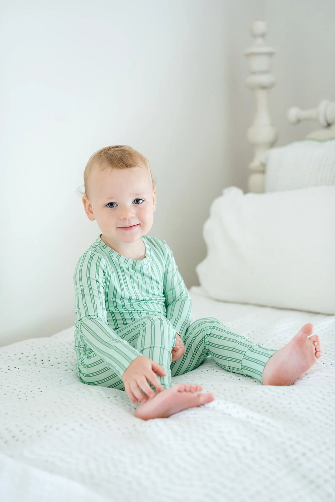 Uptown Baby Green Ticking Stripe Bamboo 2-Piece Pajama Set