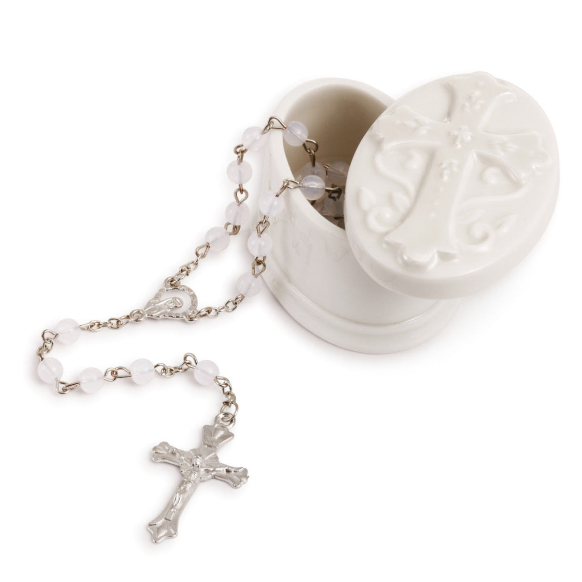 Demdaco Cherished Blessings Trinket Box and White|Silver Rosary Gift Set
