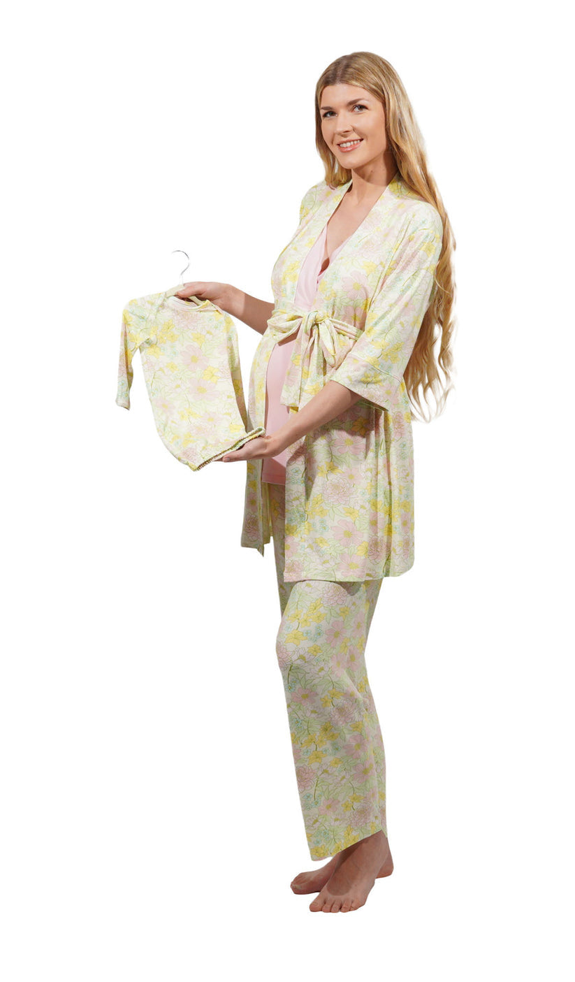 Begonia Anelise 5-Piece Mom and Baby Matching Gift Set | Adult Pajama Set Newborn Gown and Hat Set