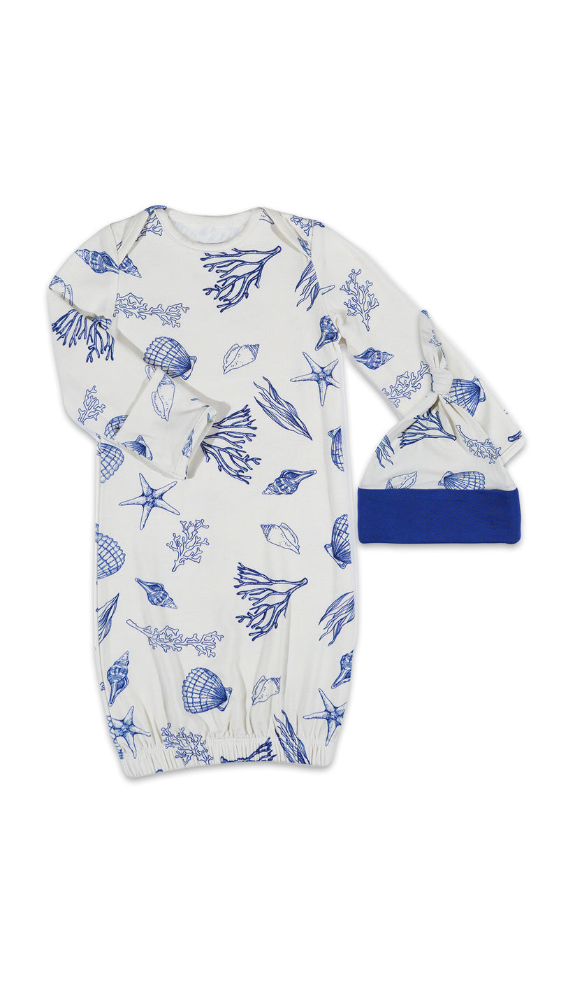 Coastal Anelise 5-Piece Mom and Baby Matching Gift Set | Adult Pajama Set Newborn Gown and Hat Set