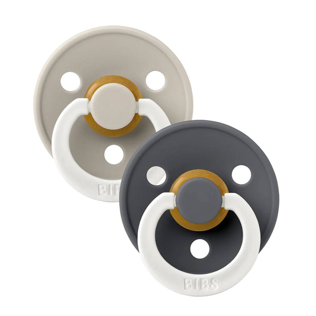 BIBS GLOW Original Natural Rubber Round Pacifier (2 Pack) | Sand | Iron