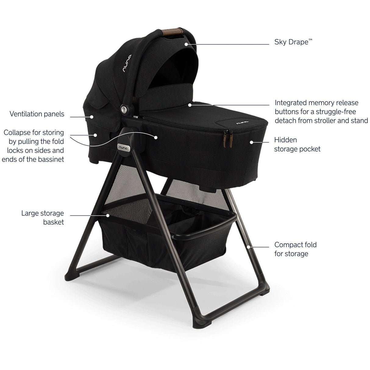 Nuna SWIV & TRIV Series Bassinet + Stand | Caviar (Chocolate)