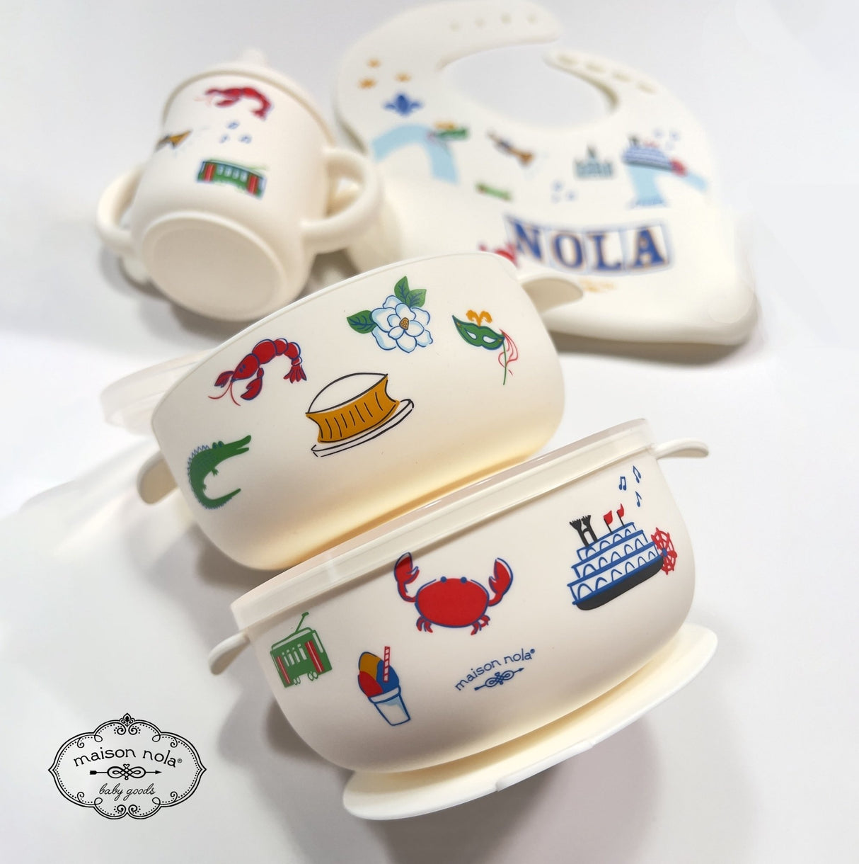 NOLA Foodie Deluxe Gift Bundle| Silicone Sippy Cup | Suction Bowl | Bucket Bib