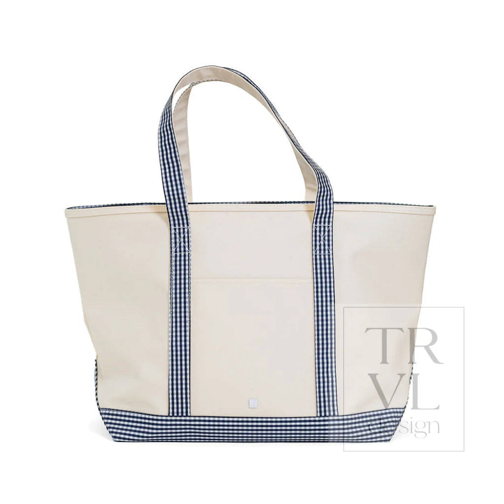 TRVL Design Maxi Tote Coated Canvas Large Natural | Gingham Navy Trim