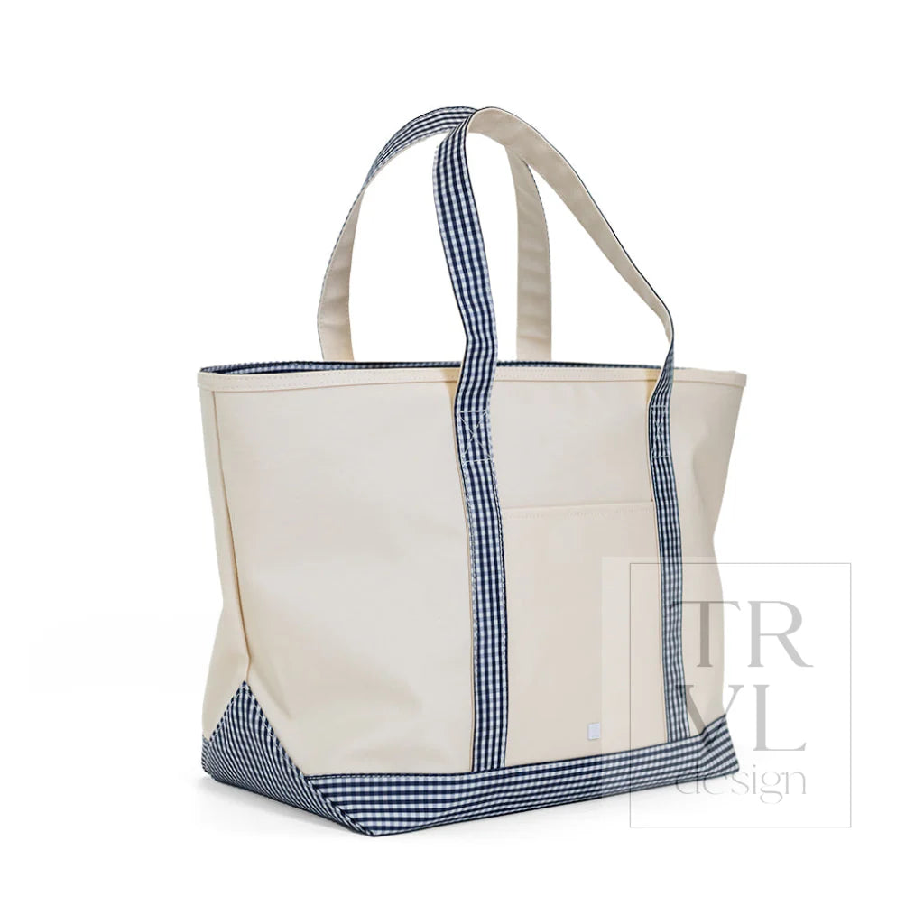 TRVL Design Maxi Tote Coated Canvas Large Natural | Gingham Navy Trim