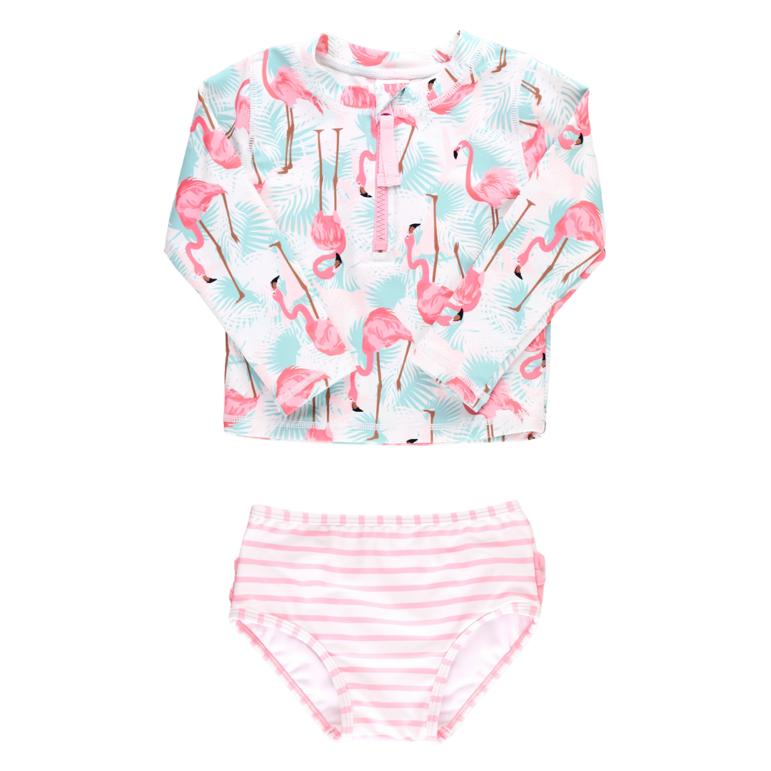 Vibrant Flamingo Long Sleeve Zipper Rash Guard Two Piece Swimsuit