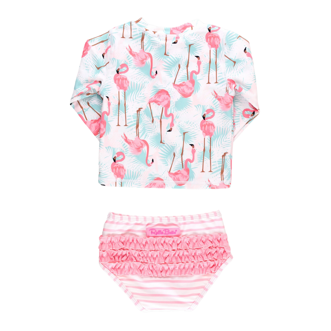 Vibrant Flamingo Long Sleeve Zipper Rash Guard Two Piece Swimsuit
