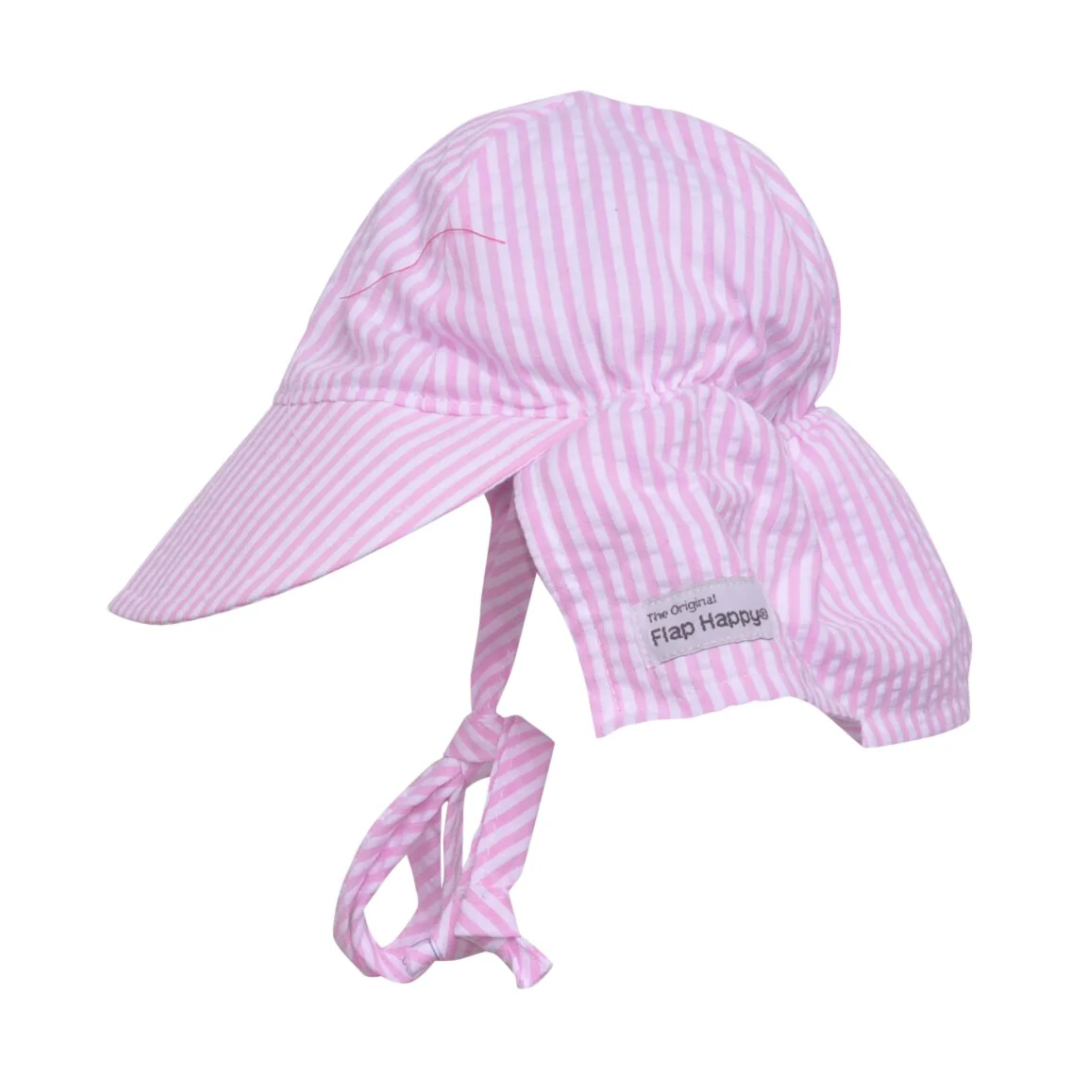 Original Flap Hat UPF 50+ with ties | Pink Stripe Seersucker