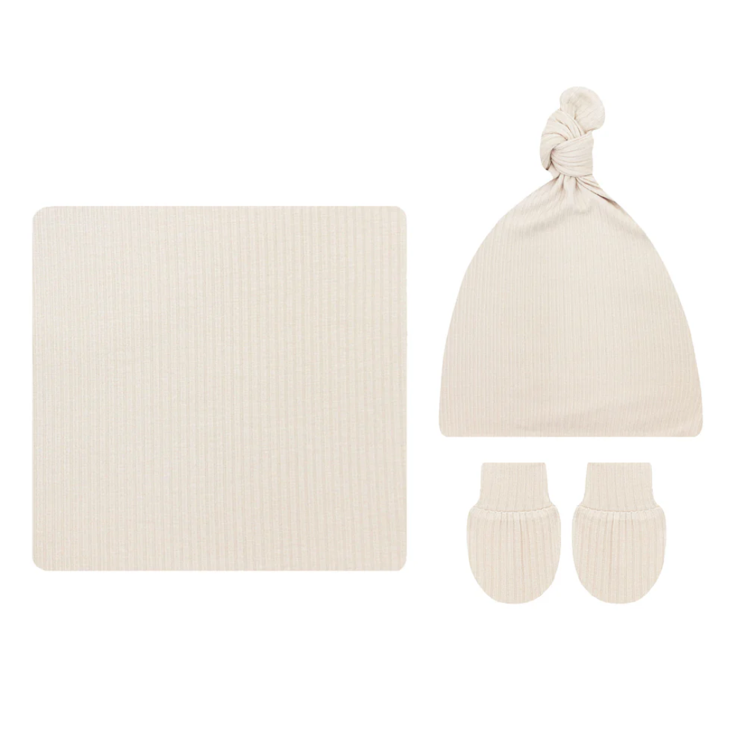 Lou Lou and Company Cove Ribbed Newborn Hat|Swaddle|Mitt Bundle