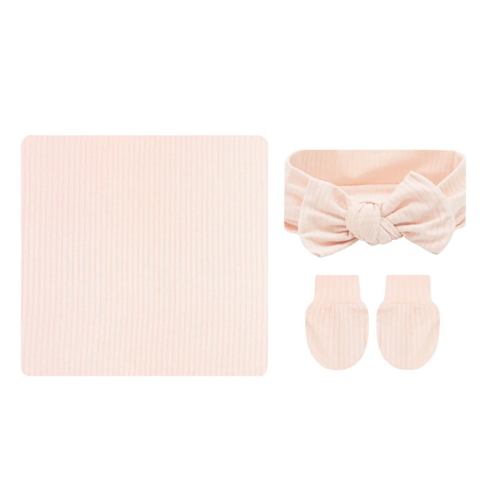 Rosie Ribbed Newborn Headband|Swaddle|Mitt Bundle