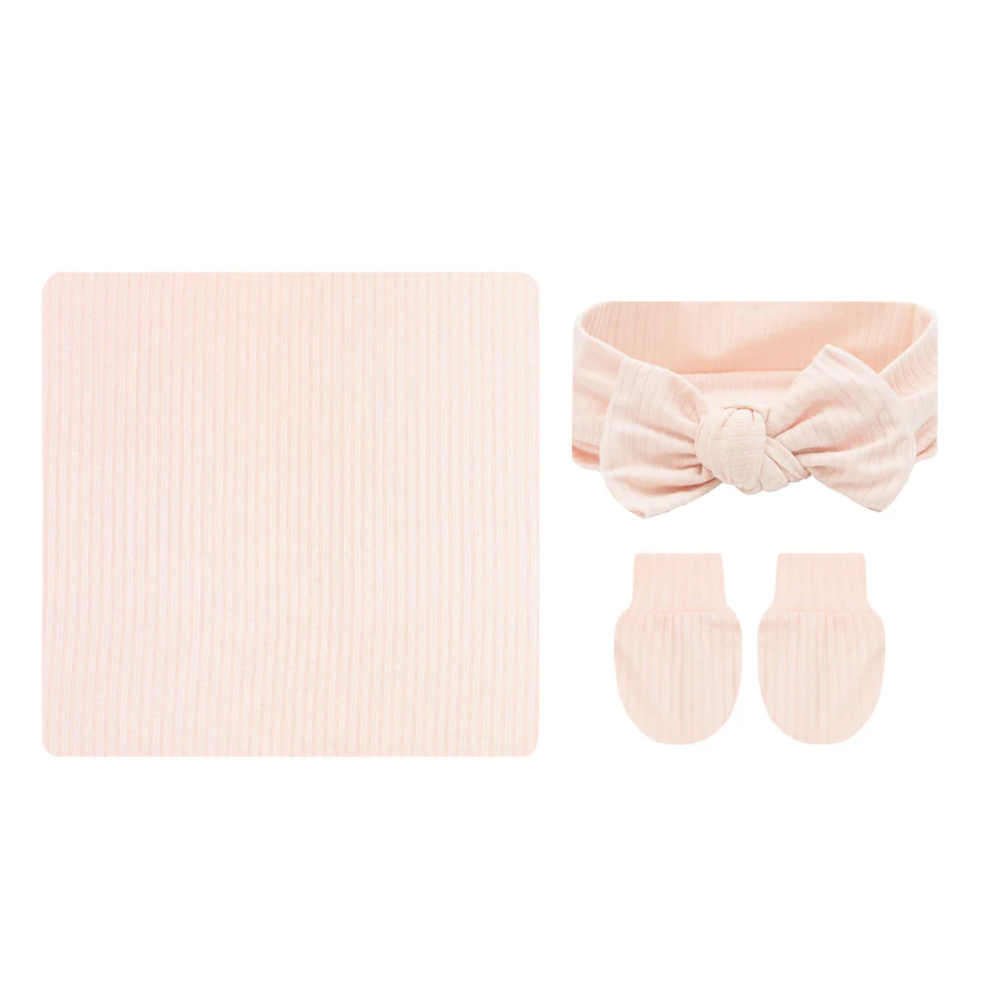 Rosie Ribbed Newborn Headband|Swaddle|Mitt Bundle
