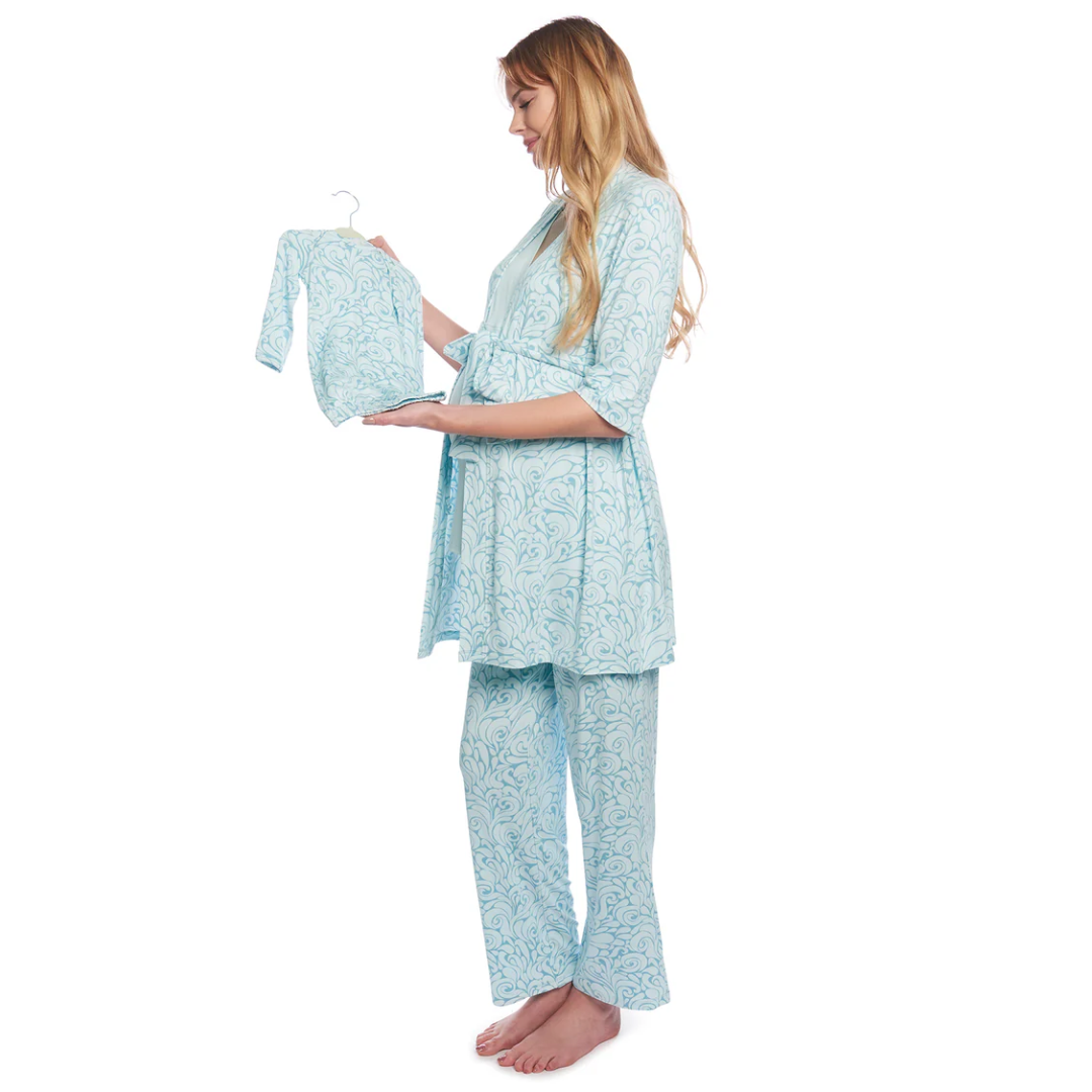 Waves Anelise 5-Piece Mom and Baby Matching Gift Set | Adult Pajama Set Newborn Gown and Hat Set