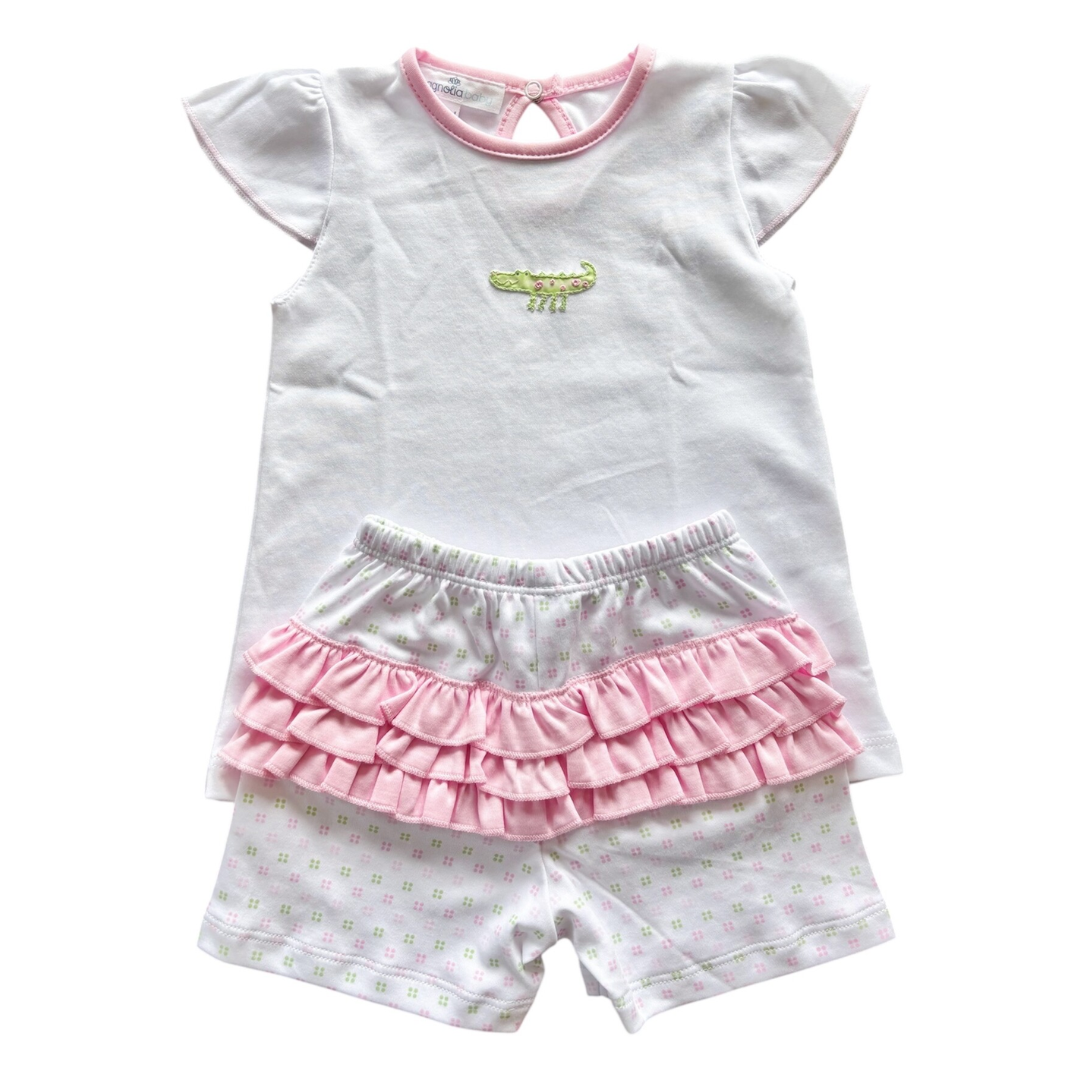 Alligator Pie Pink Pima Embroidered Flutters Short Set