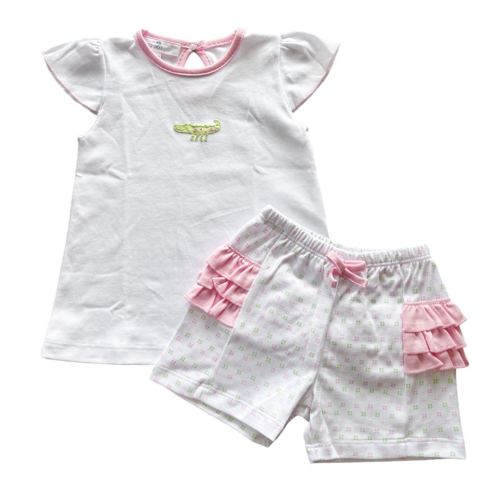 Alligator Pie Pink Pima Embroidered Flutters Short Set