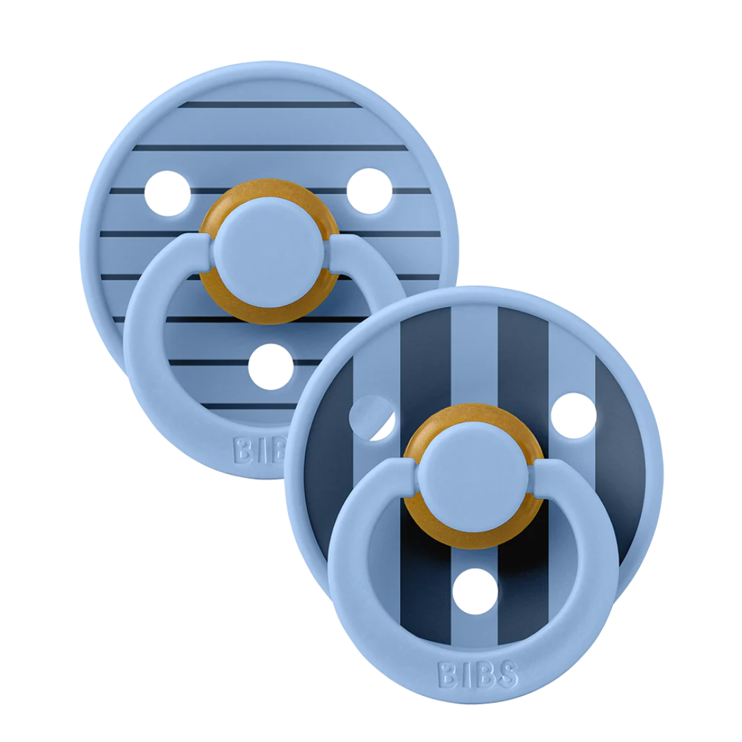 BIBS Studio Color Round Natural Rubber Pacifier (2 Pack) | Pinstripe | Sky Blue Mix