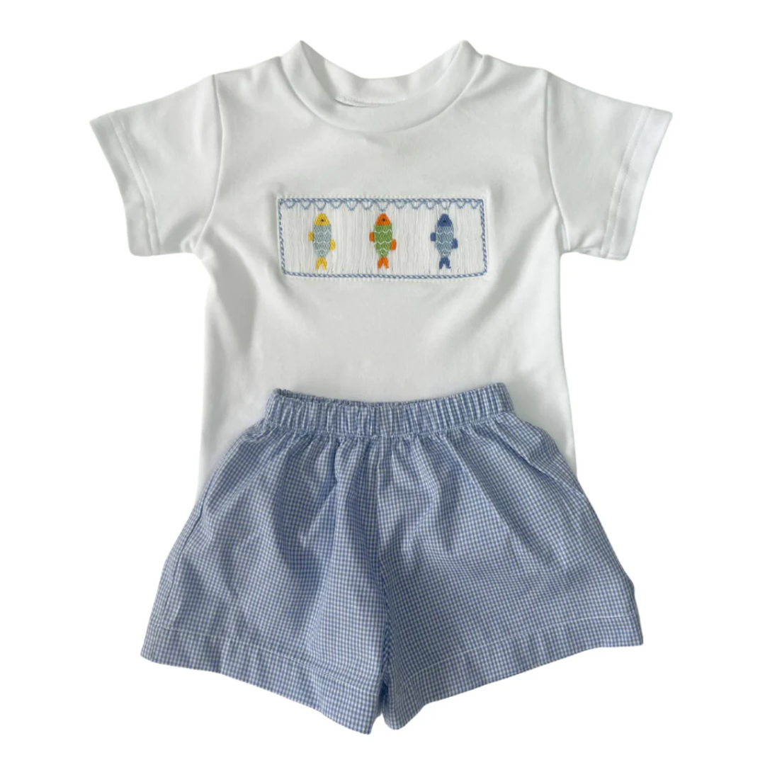 Fish Smock Tee & Blue Gingham Short Set